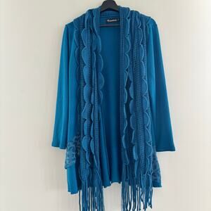 Y2K Creations Long Cardigan Blue Crochet Trim with Fringe Detail Women's Size M